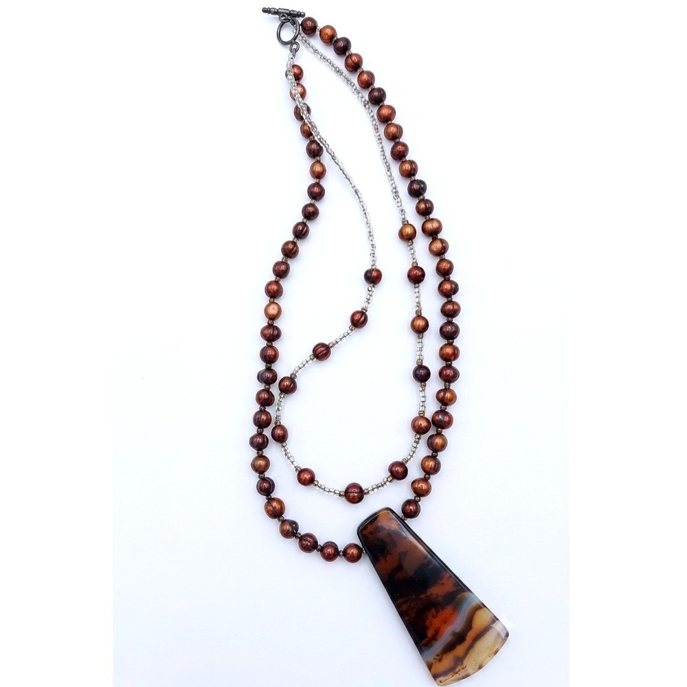 Brown Freshwater Pearl Agate Pendant Necklace Double Strand Boho Statement Piece